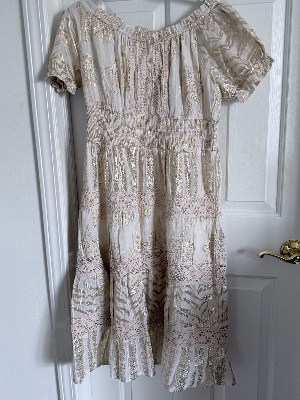 NWT Stunning Shimmery Cream and Gold Lace Metallic Embroidered Boho Midi Dress